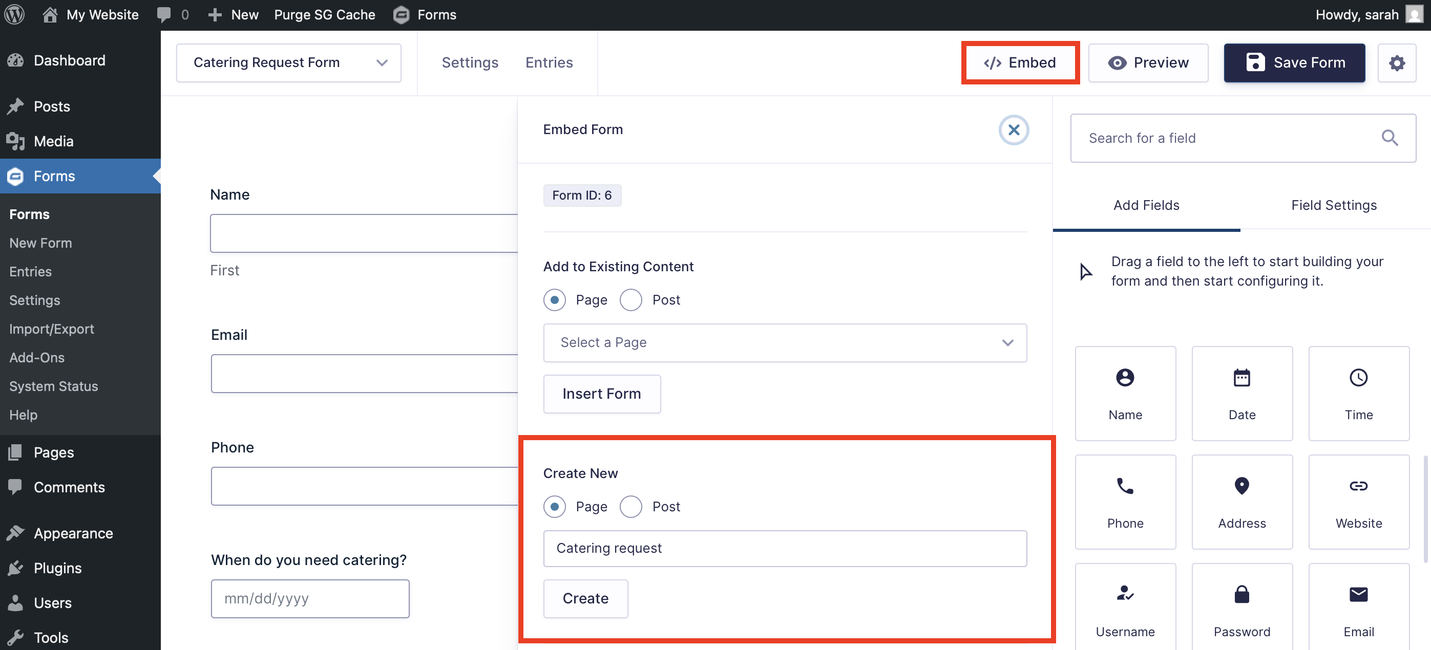 restaurant form embed in page